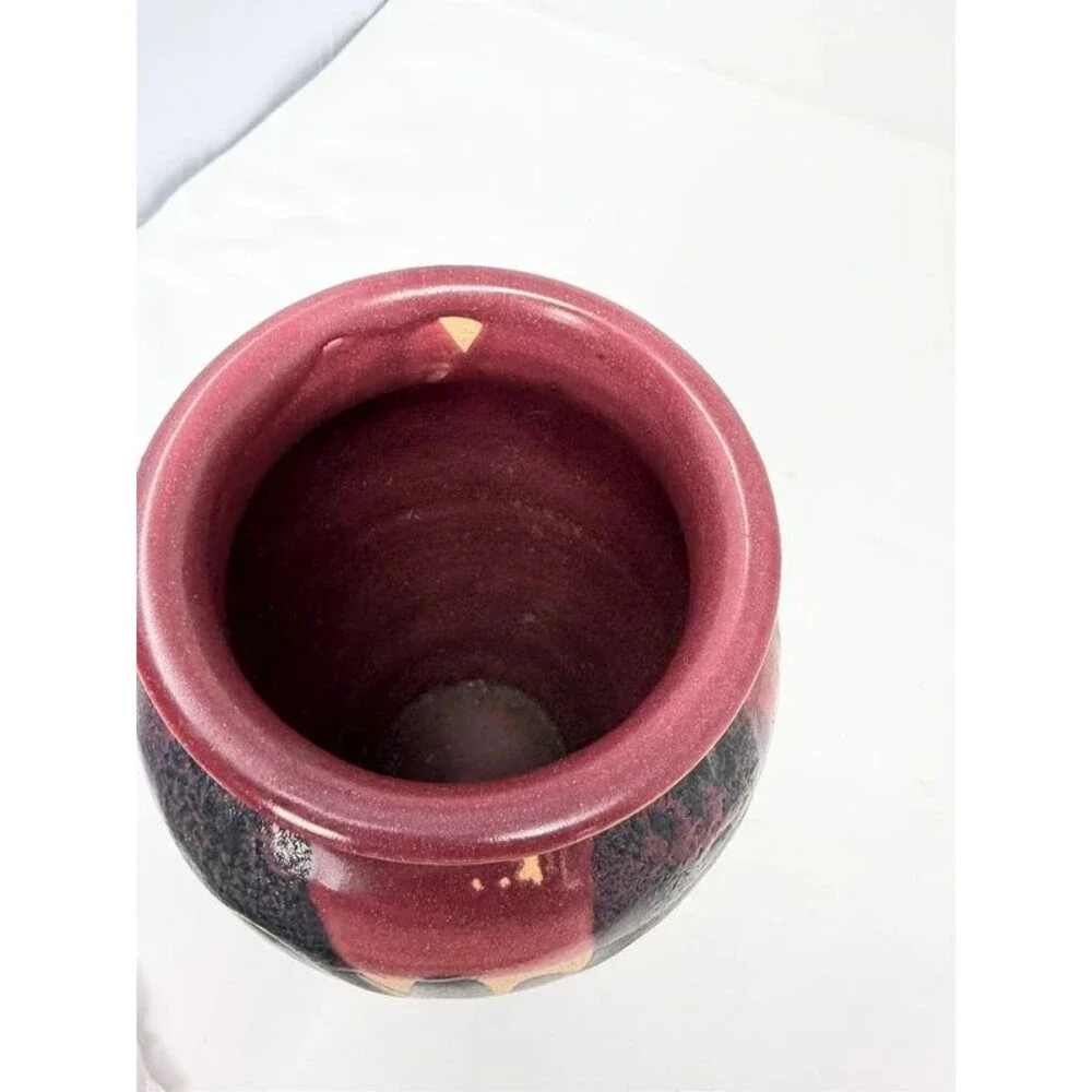 Mid Century Modern Style Art Pottery Vase Black Red Glaze Drip Signed dedicated